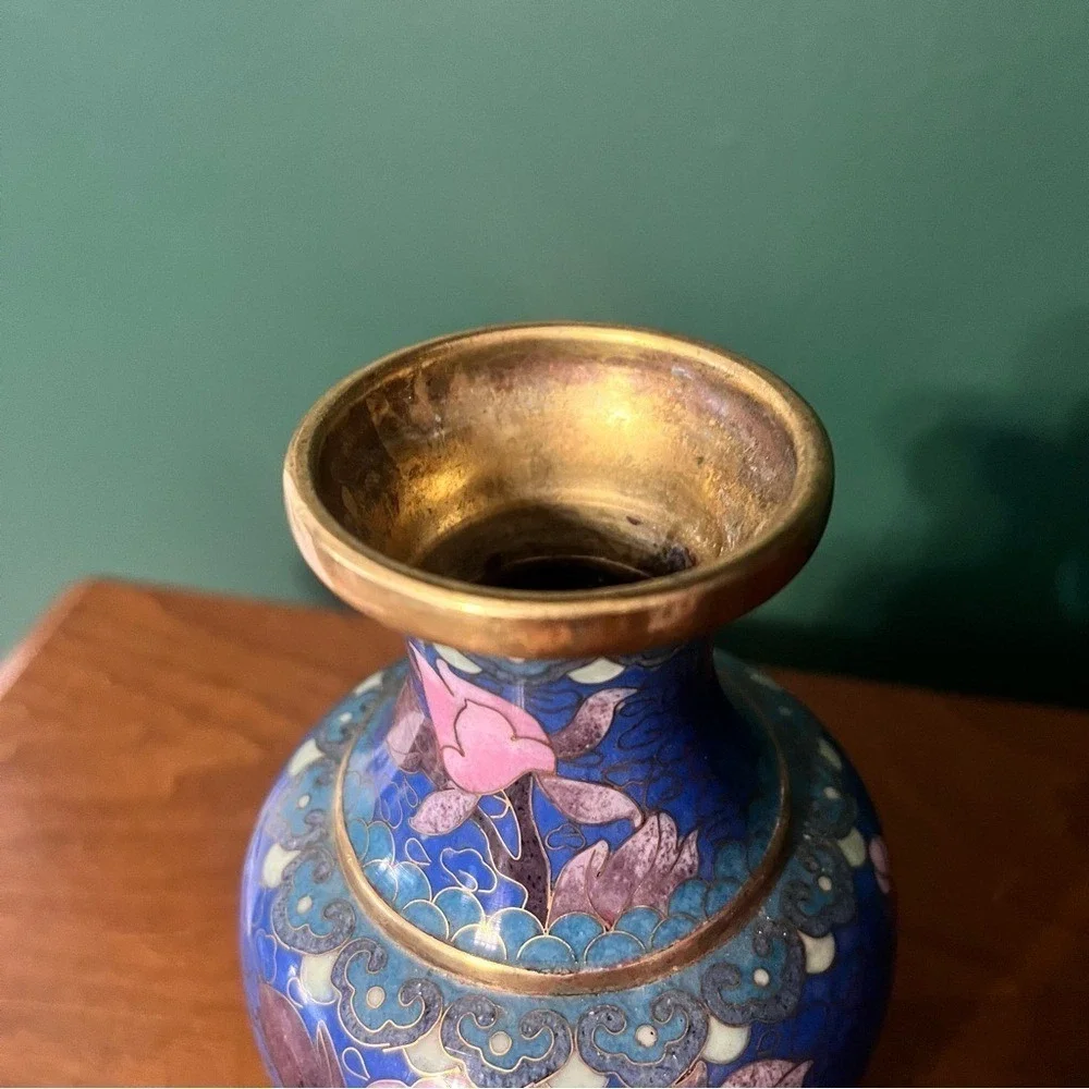 Vintage Chinese Cloisonne Bud Vase Blue Pink Gold Enamel Floral Peony Bird 6